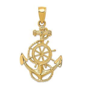 14k Yellow Gold 2D Anchor, Ship's Wheel and Rope Necklace - 18 Inch